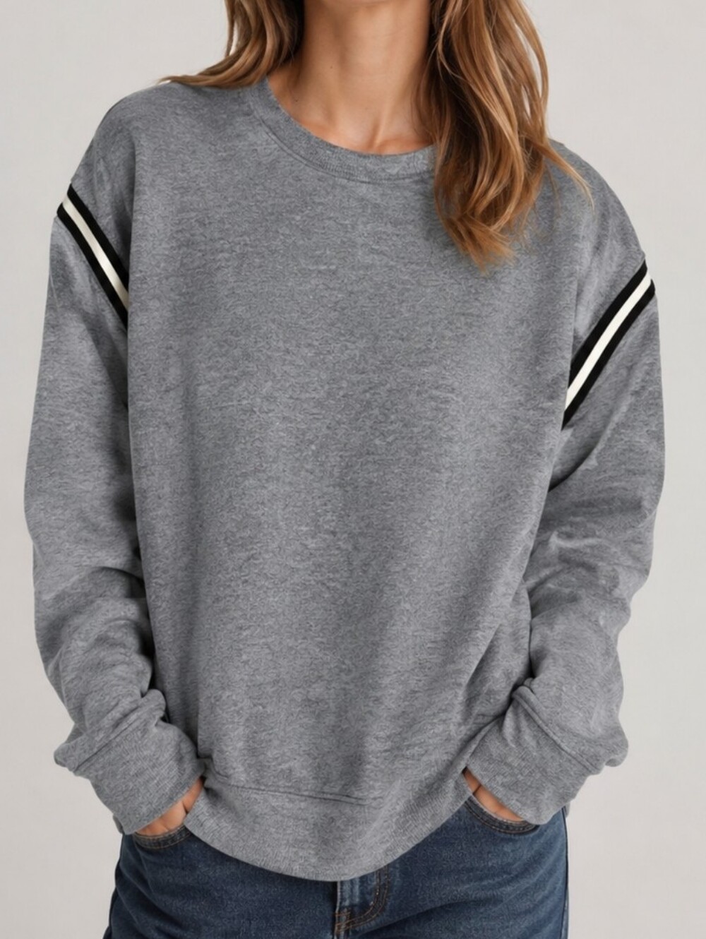 Sundry Gray with Black and White Stripe Pullover Sweatshirt